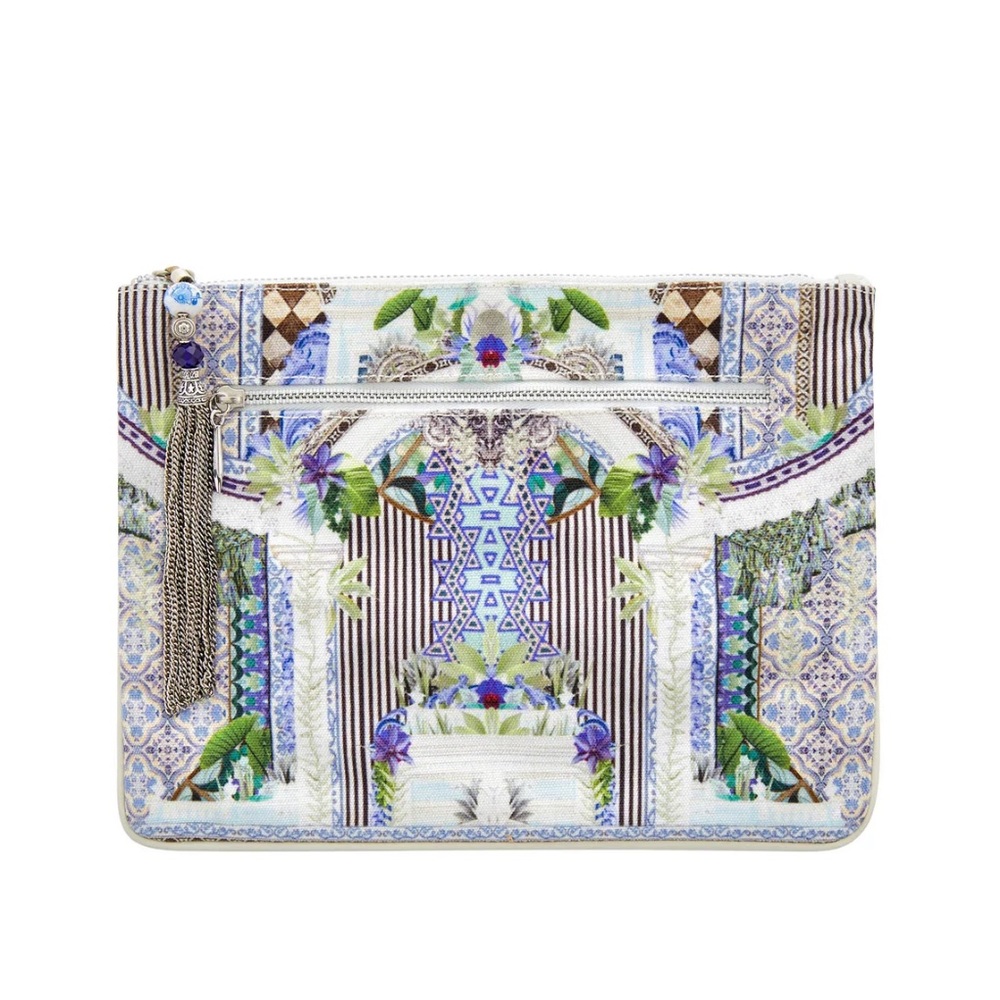 CAMILLA *The Sweet Escape* blue white canvas bag pouch sac clutch chain tassel